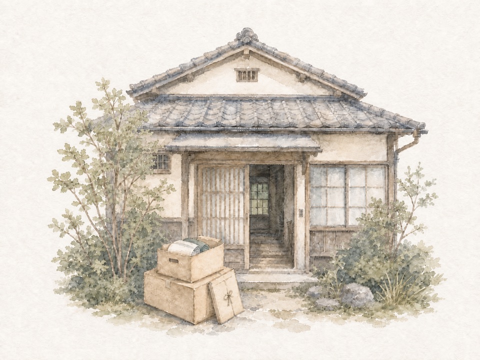 古い家と、片付けを待つ家財を描いた水彩画