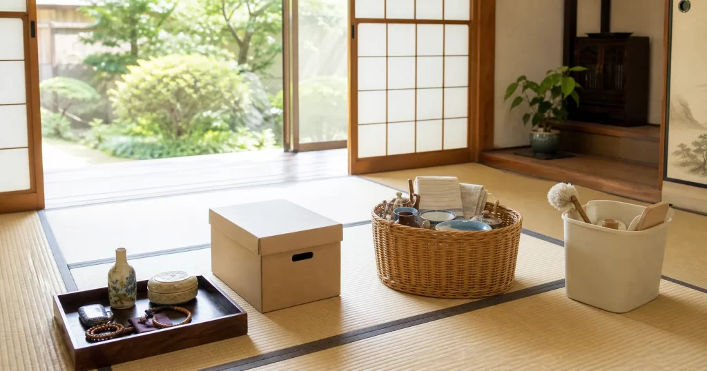 明るい和室で家財を箱や籠などに分けて整理する様子