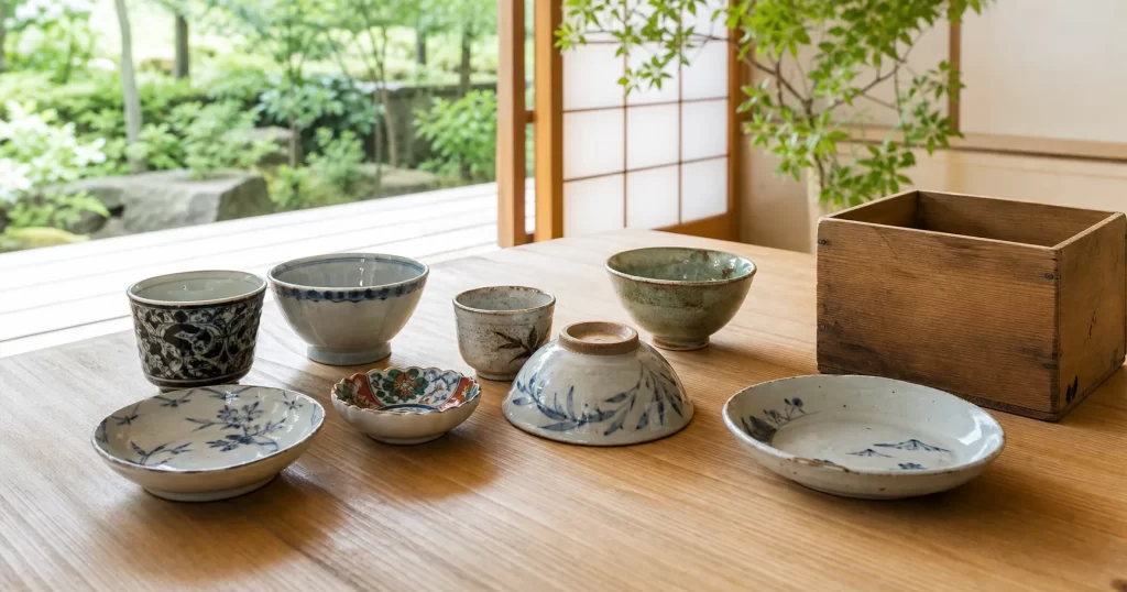 庭に面した明るい部屋で古い器の形や底面を確認する様子
